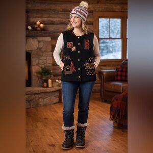 Woolrich Black Vest with Bear and Tree Patches Size Small 100% Wool